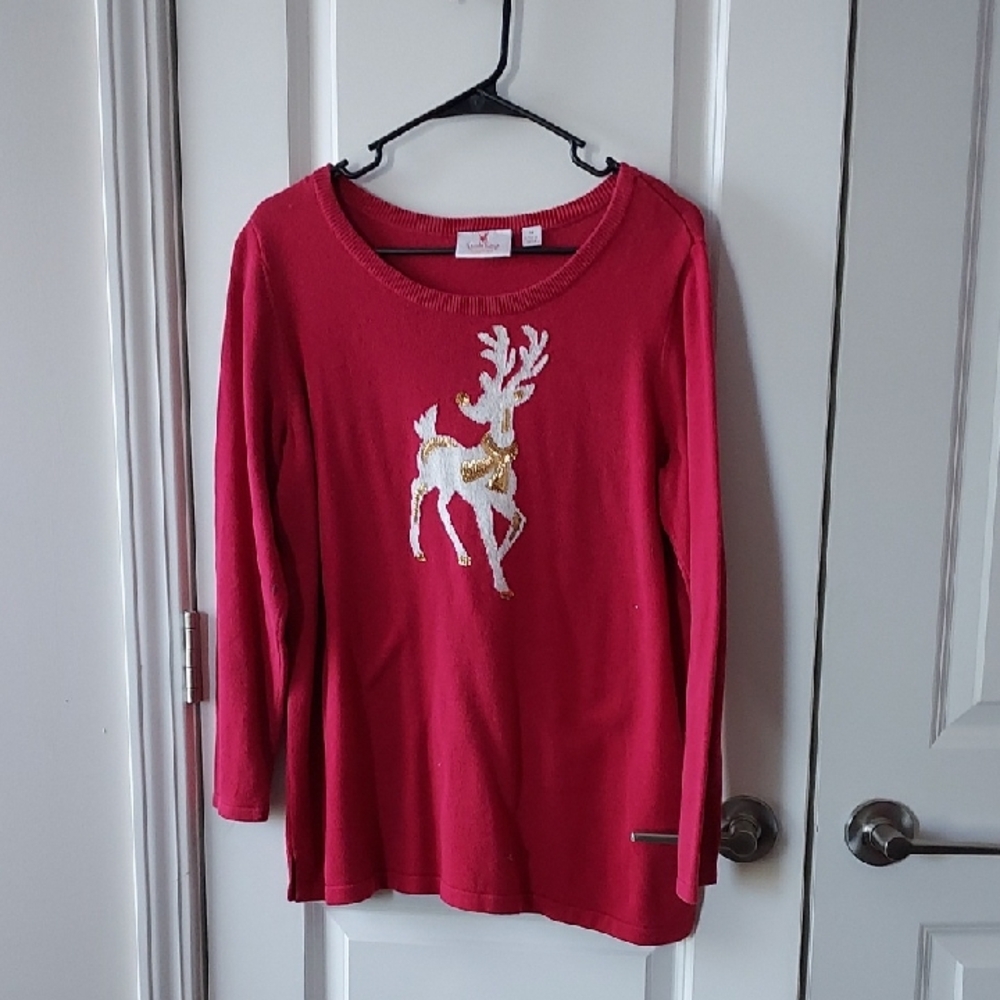 Quacker Factory Red and Gold Reindeer Kids Long Sleeve Tee Medium